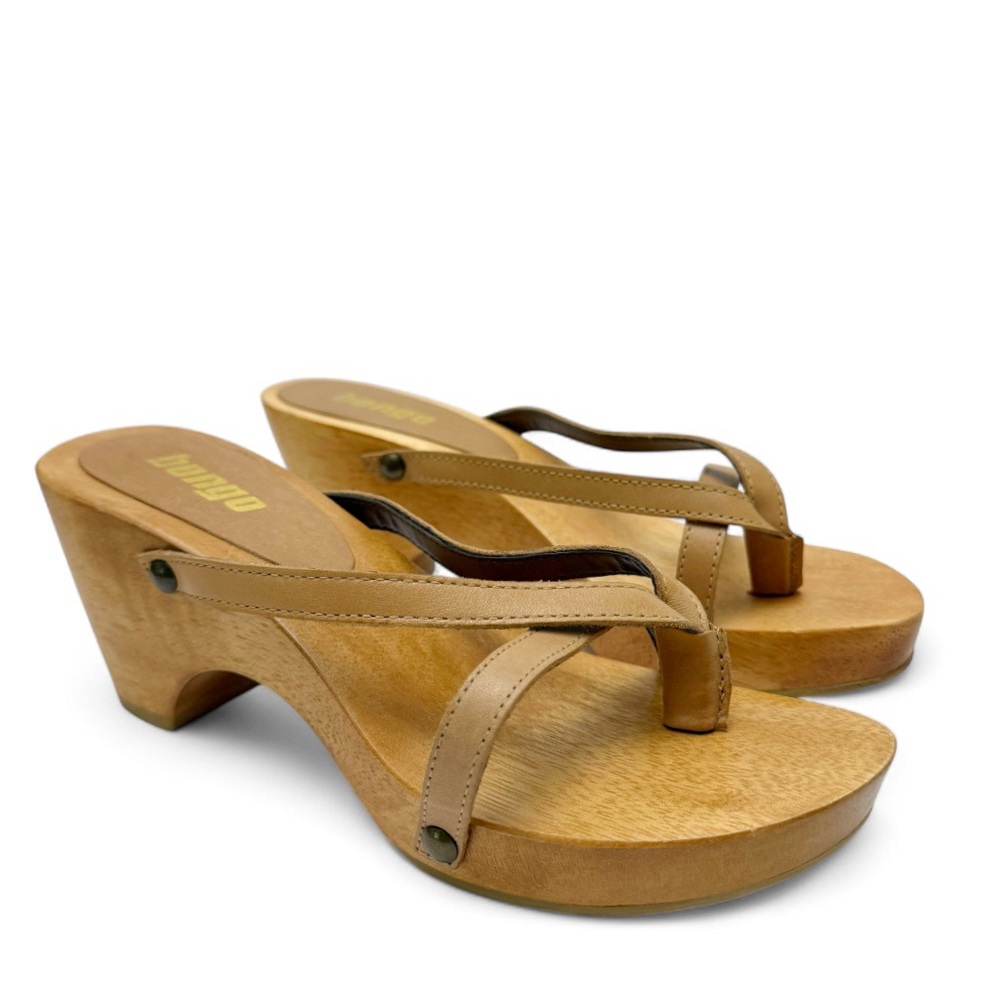 Bongo Y2K Nude Leather Thong Strappy Wood Platform Sandals Womens Size 6